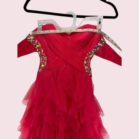 Masquerade coral color Strapless Ruffled Gown With Rhinestones Size 1/2 Prom Dre - Picture 14 of 15